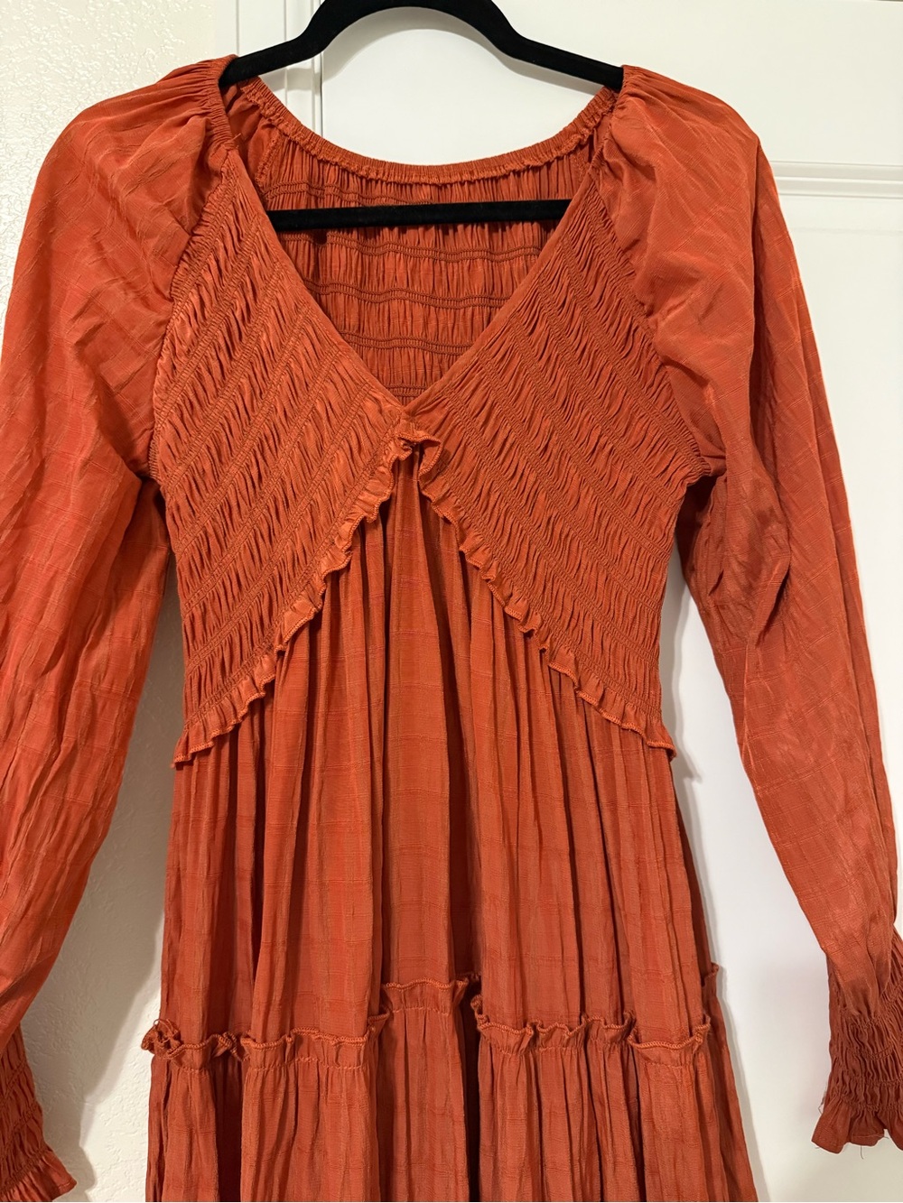 Amazon Women's Long-Sleeve Smocked Rust Dress